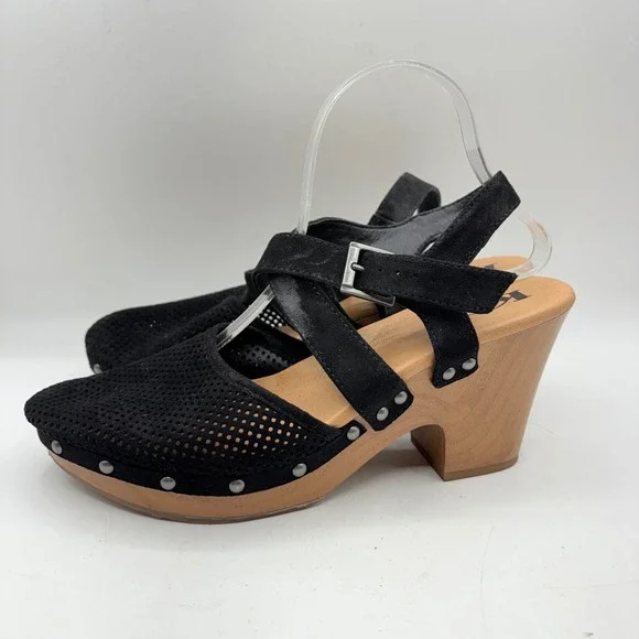 Korks Black Perforated Fabric Wood Block Heel Clog Sandals KR0002609 Size 10M - Picture 2 of 9